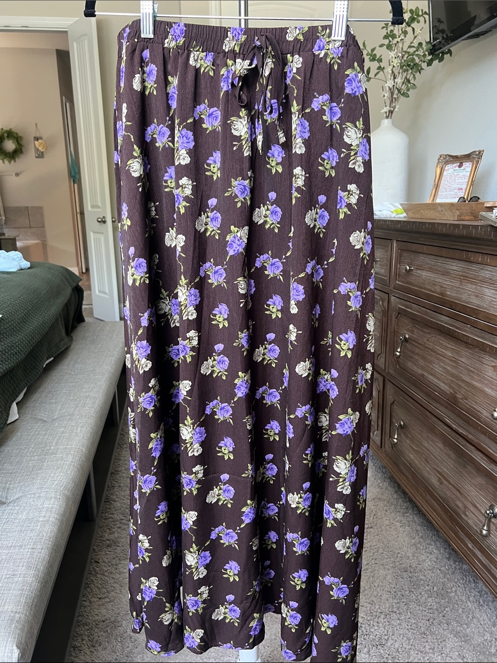 Brown Floral Maxi Skirt with Purple Roses